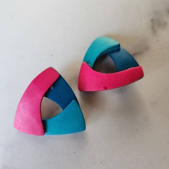 Vintage Jewelry - Geometric vintage '90s earrings retro hot pink blue triangle costume jewelry